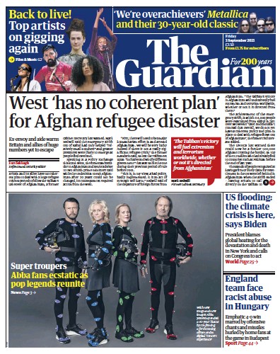 The Guardian (UK) Newspaper Front Page for 3 September 2021