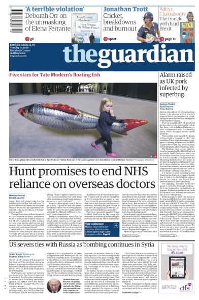 The Guardian Newspaper Front Page for 4 October 2016
