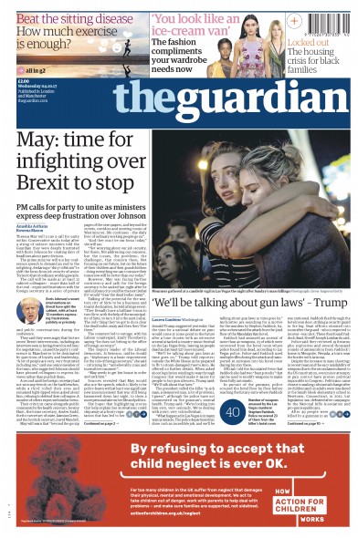 The Guardian Newspaper Front Page for 4 October 2017