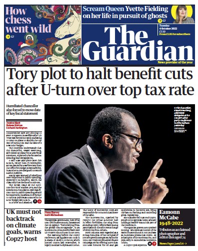 The Guardian Newspaper Front Page for 4 October 2022