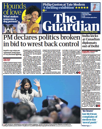 The Guardian (UK) Newspaper Front Page for 4 October 2023