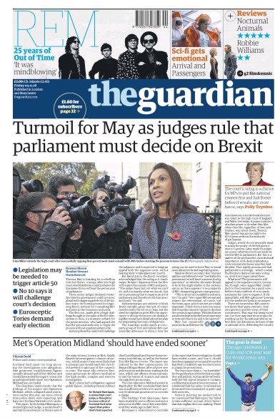 The Guardian (UK) Newspaper Front Page for 4 November 2016