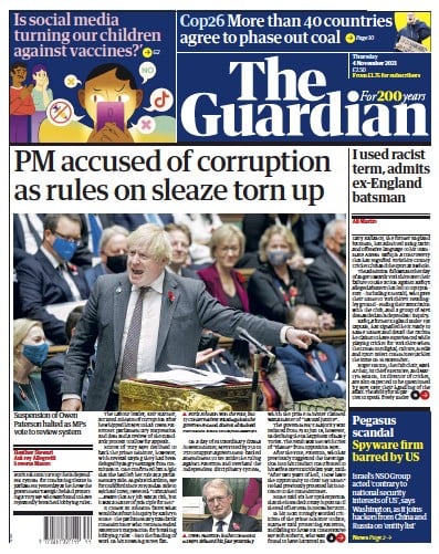 The Guardian (UK) Newspaper Front Page for 4 November 2021