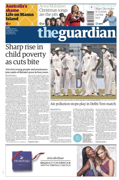 The Guardian Newspaper Front Page for 4 December 2017