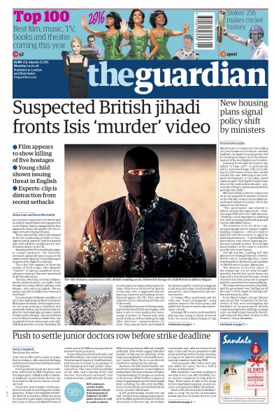The Guardian Newspaper Front Page for 4 January 2016
