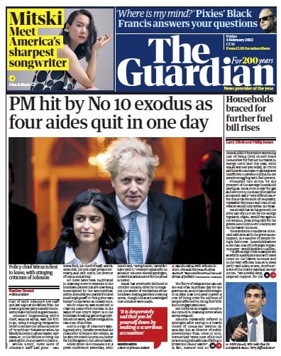 The Guardian (UK) Newspaper Front Page for 4 February 2022