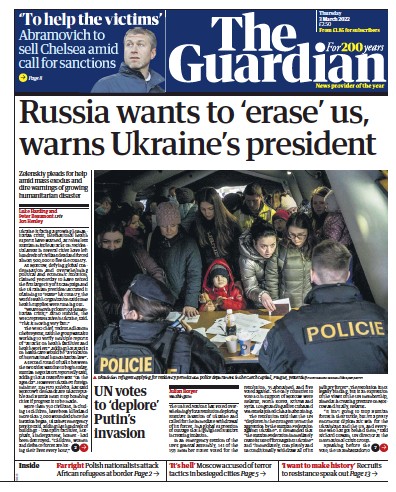 The Guardian Newspaper Front Page for 4 March 2022