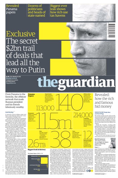 The Guardian (UK) Newspaper Front Page for 4 April 2016