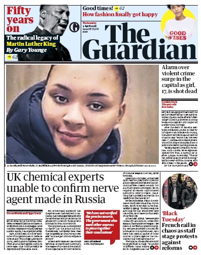 The Guardian Newspaper Front Page for 4 April 2018