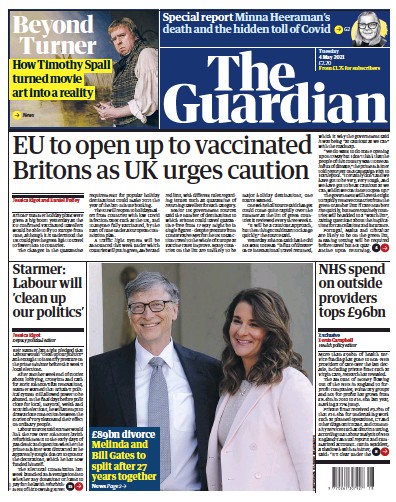 The Guardian (UK) Newspaper Front Page for 4 May 2021