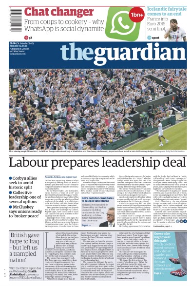 The Guardian Newspaper Front Page for 4 July 2016