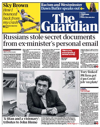 The Guardian (UK) Newspaper Front Page for 4 August 2020