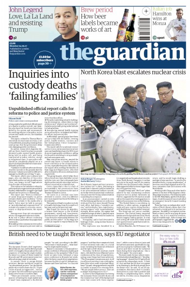 The Guardian Newspaper Front Page for 4 September 2017