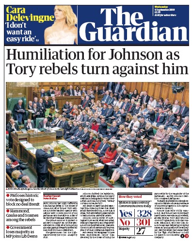 The Guardian Newspaper Front Page for 4 September 2019