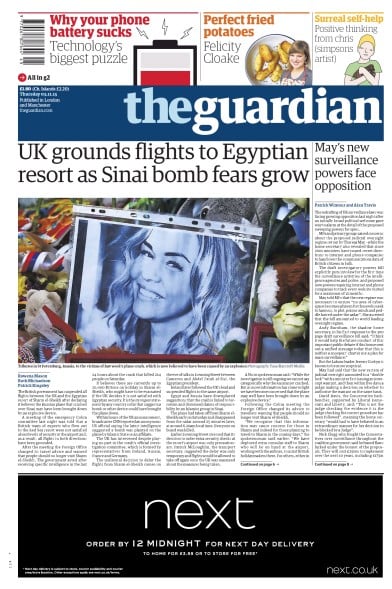 The Guardian Newspaper Front Page for 5 November 2015