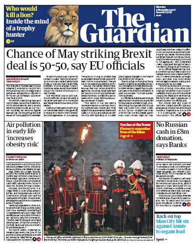 The Guardian Newspaper Front Page for 5 November 2018