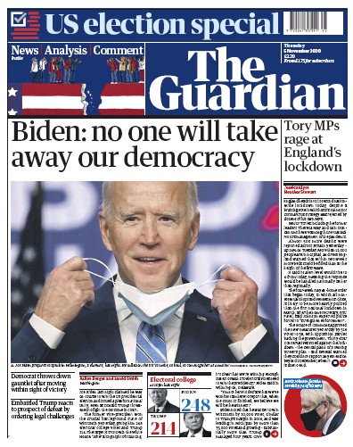 The Guardian Newspaper Front Page for 5 November 2020