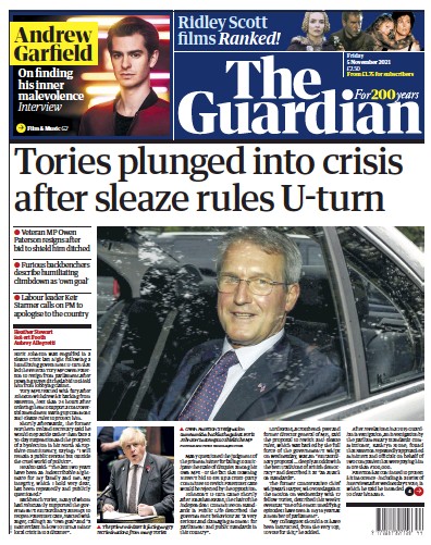 The Guardian (UK) Newspaper Front Page for 5 November 2021