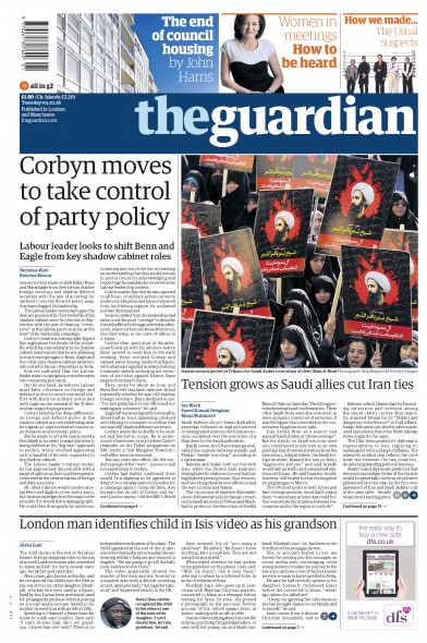The Guardian Newspaper Front Page for 5 January 2016