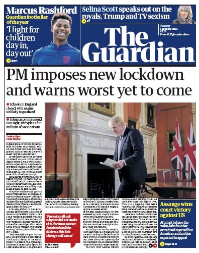 The Guardian Newspaper Front Page for 5 January 2021