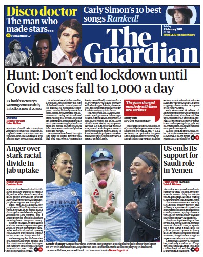 The Guardian Newspaper Front Page for 5 February 2021