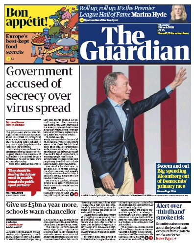 The Guardian Newspaper Front Page for 5 March 2020