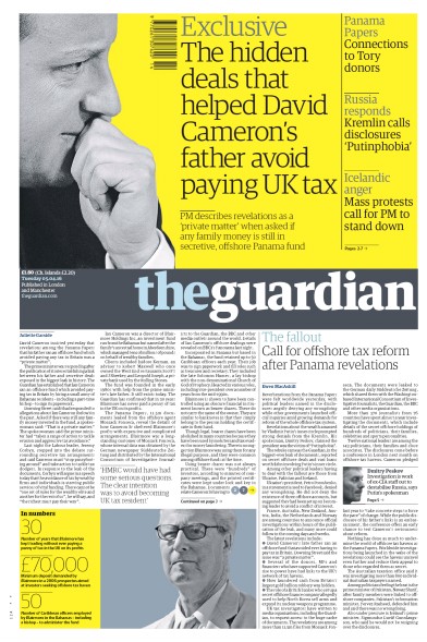 The Guardian Newspaper Front Page for 5 April 2016