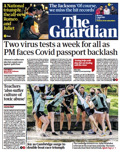 The Guardian (UK) Newspaper Front Page for 5 April 2021