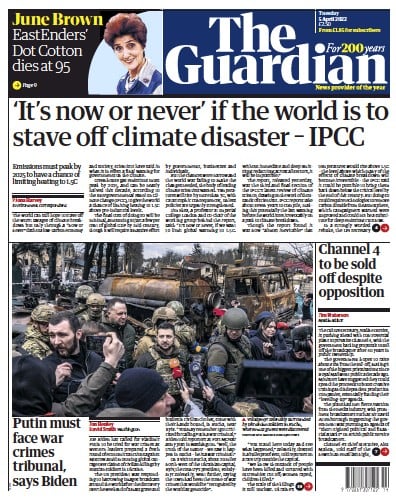The Guardian (UK) Newspaper Front Page for 5 April 2022