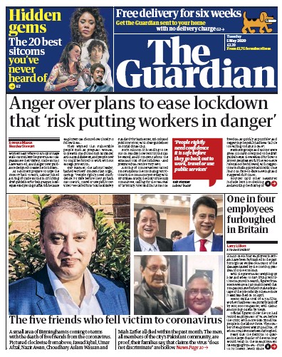 The Guardian Newspaper Front Page for 5 May 2020