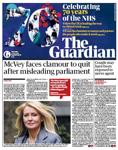 The Guardian (UK) Newspaper Front Page for 5 July 2018