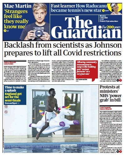 The Guardian (UK) Newspaper Front Page for 5 July 2021