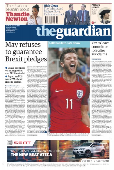 The Guardian Newspaper Front Page for 5 September 2016
