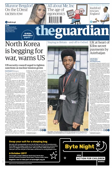 The Guardian (UK) Newspaper Front Page for 5 September 2017