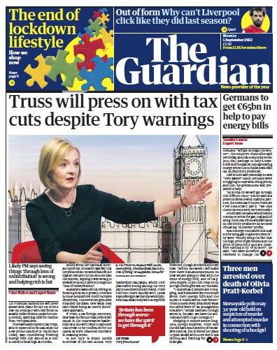The Guardian (UK) Newspaper Front Page for 5 September 2022