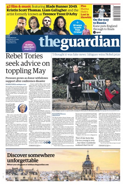 The Guardian Newspaper Front Page for 6 October 2017