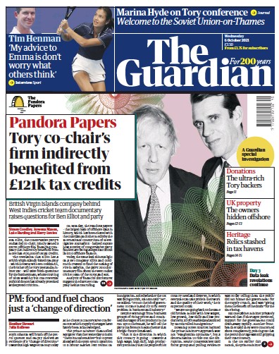 The Guardian (UK) Newspaper Front Page for 6 October 2021