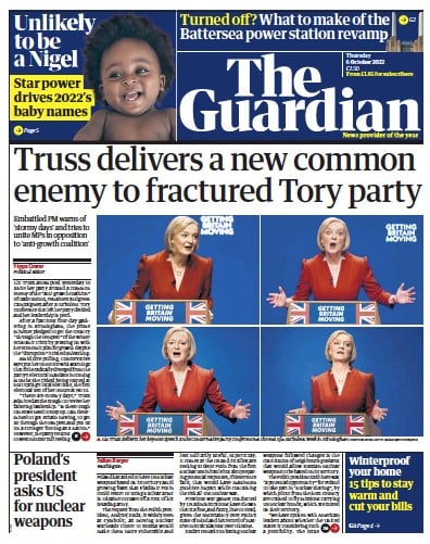 The Guardian Newspaper Front Page for 6 October 2022