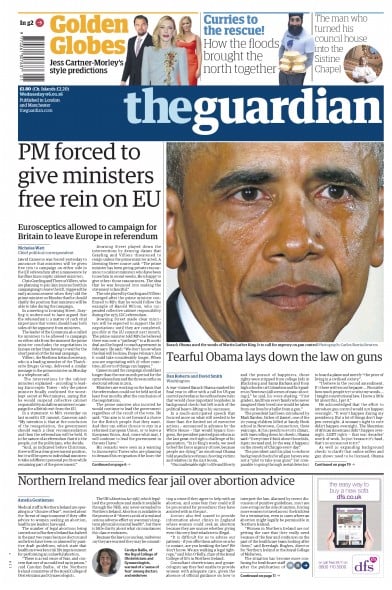 The Guardian Newspaper Front Page for 6 January 2016