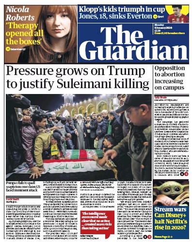 The Guardian Newspaper Front Page for 6 January 2020