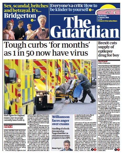 The Guardian Newspaper Front Page for 6 January 2021