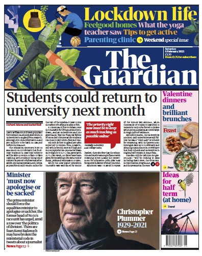 The Guardian Newspaper Front Page for 6 February 2021