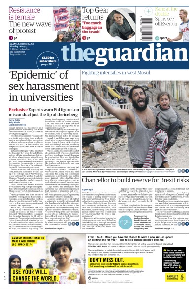 The Guardian Newspaper Front Page for 6 March 2017