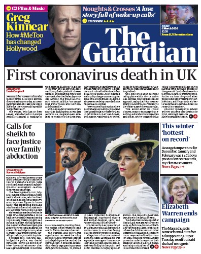 The Guardian Newspaper Front Page for 6 March 2020