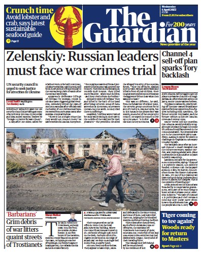 The Guardian (UK) Newspaper Front Page for 6 April 2022