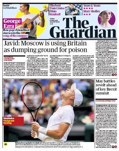 The Guardian Newspaper Front Page for 6 July 2018