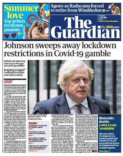The Guardian (UK) Newspaper Front Page for 6 July 2021