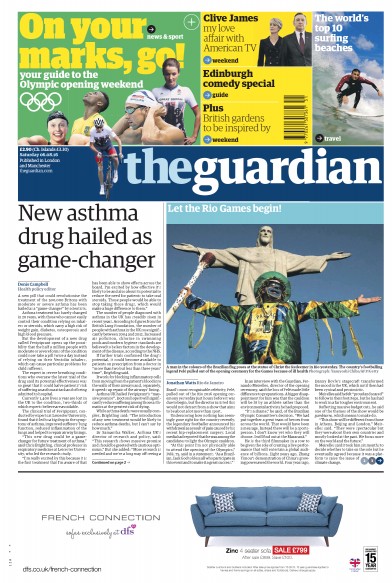 The Guardian Newspaper Front Page for 6 August 2016