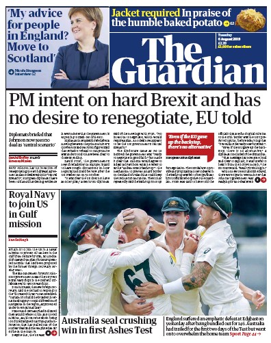 The Guardian Newspaper Front Page for 6 August 2019