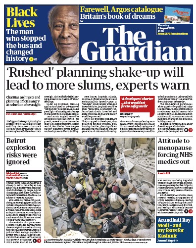 The Guardian (UK) Newspaper Front Page for 6 August 2020